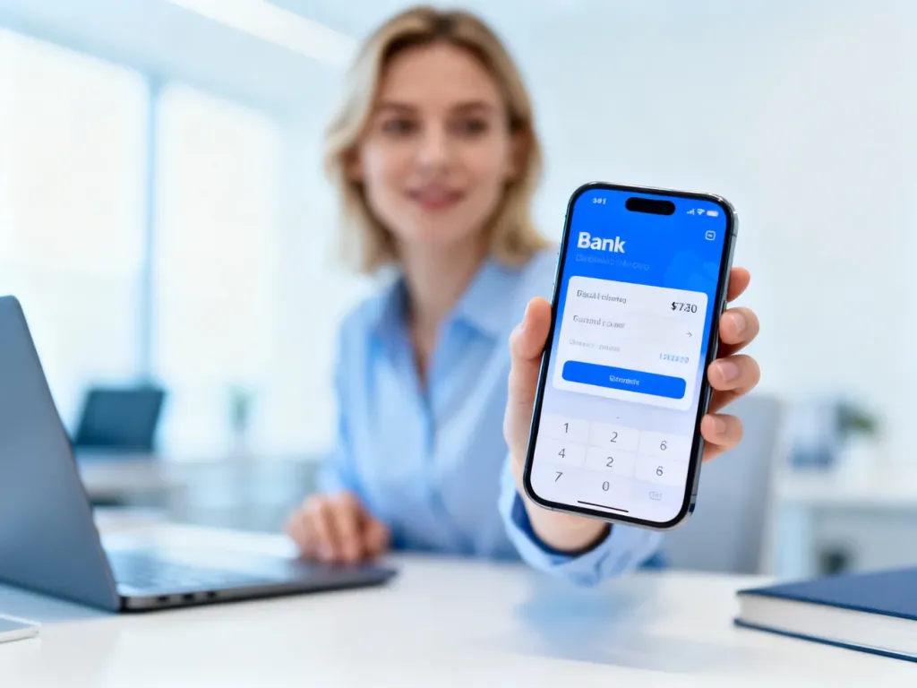 Kobieta trzymająca smartfon z otwartą aplikacją bankową, symbolizująca wygodne zarządzanie ustawieniami konta.