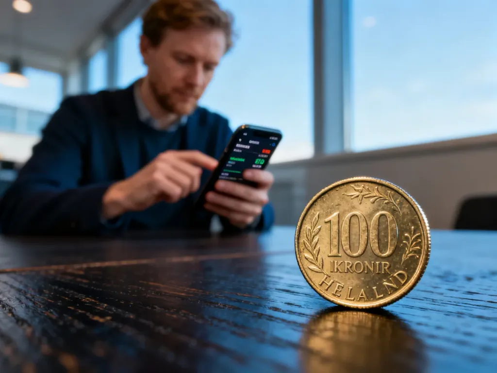 Moneta 100 koron islandzkich na drewnianym stole w tle z osobą sprawdzającą kurs walut w aplikacji mobilnej.
