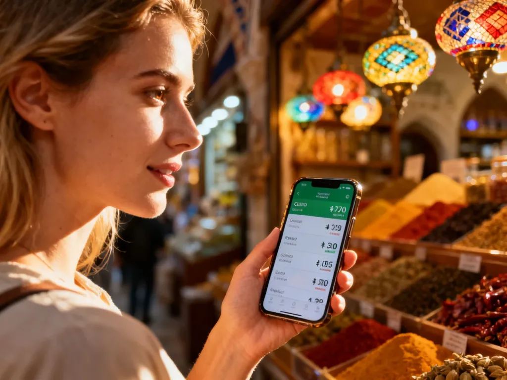 Kobieta trzymająca smartfon z aplikacją do przeliczania walut na tle kolorowego tureckiego bazaru.