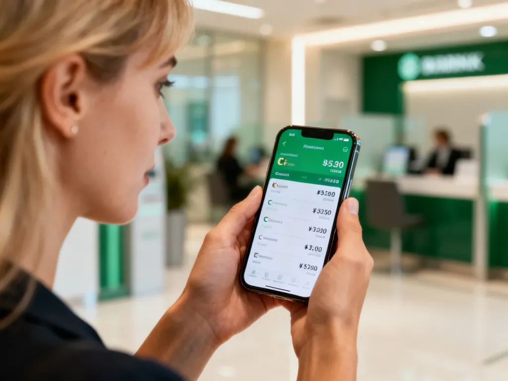 Kobieta trzymająca smartfon z aplikacją do przeliczania walut na tle nowoczesnego wnętrza banku.