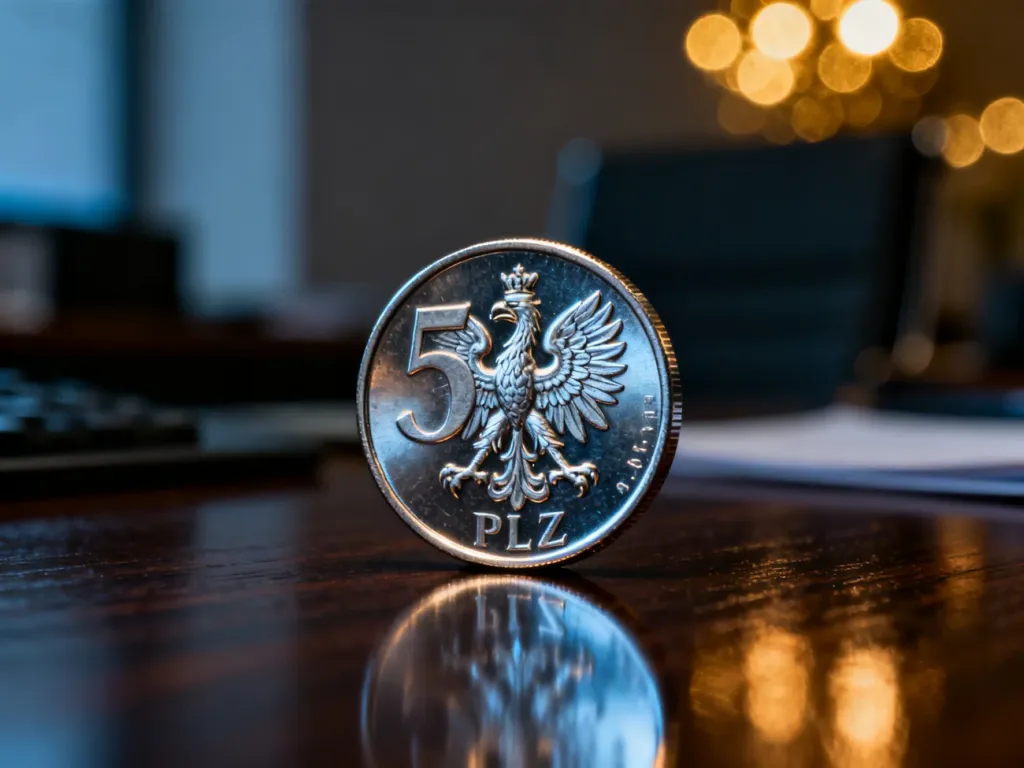 Zbliżenie na monetę 5 zł leżącą na ciemnym, błyszczącym blacie z rozmytym, nastrojowym tłem w ciepłych barwach.