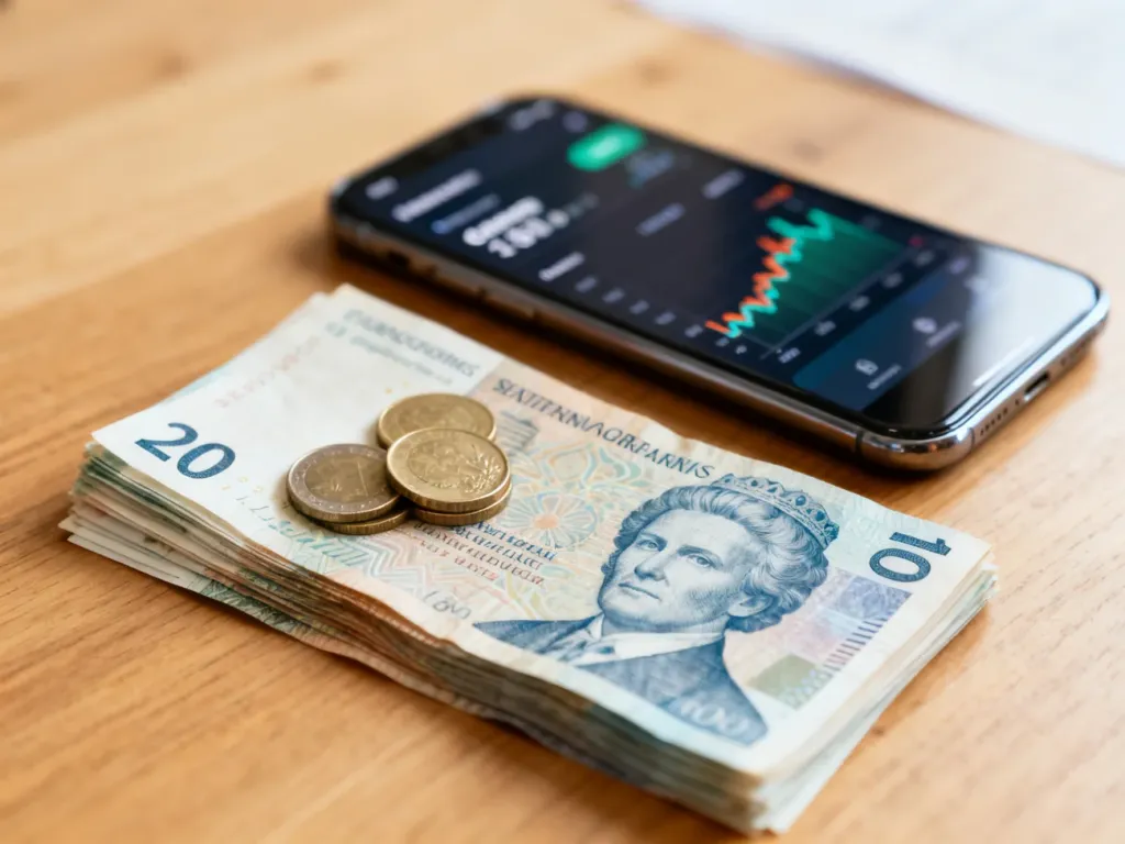Stos banknotów i monet korony szwedzkiej na drewnianym biurku obok smartfona z aplikacją do przeliczania walut.