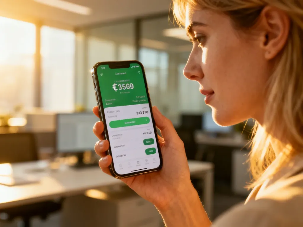 Kobieta trzymająca smartfon z aplikacją do przeliczania walut w nowoczesnym biurze.