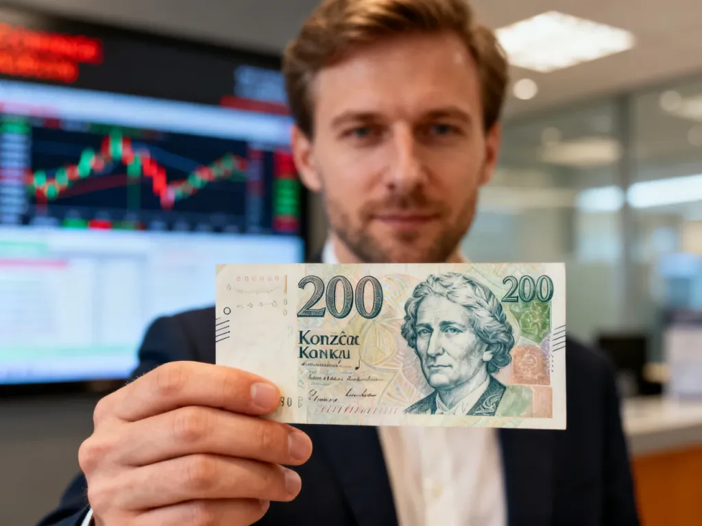 Mężczyzna trzymający banknot 200 koron czeskich na tle kantoru, ilustrujący przelicznik walut.