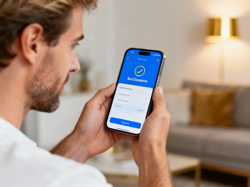 Mężczyzna trzymający smartfon z widocznym ekranem potwierdzającym udaną transakcję bankową w przytulnym wnętrzu.