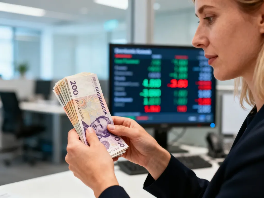 Kobieta trzymająca w dłoniach plik banknotów korony duńskiej na tle biura finansowego z tablicą kursów walut.