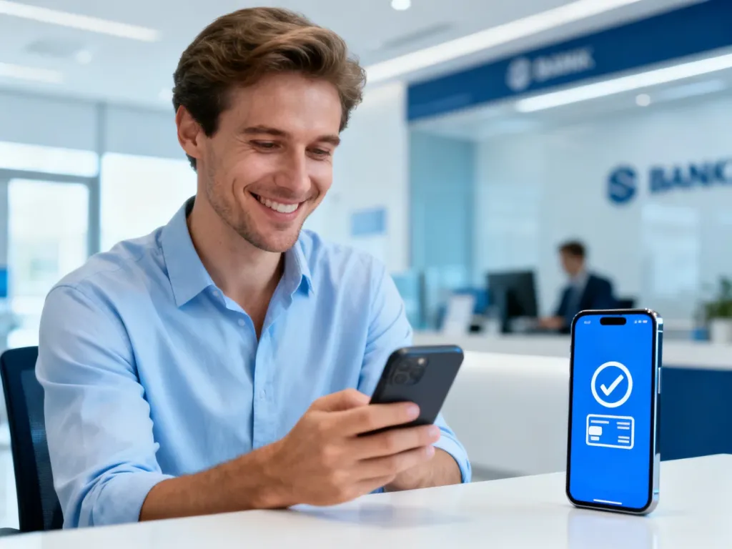 Mężczyzna z zadowoleniem sprawdza na smartfonie potwierdzenie udanego przelewu bankowego w nowoczesnym biurze.